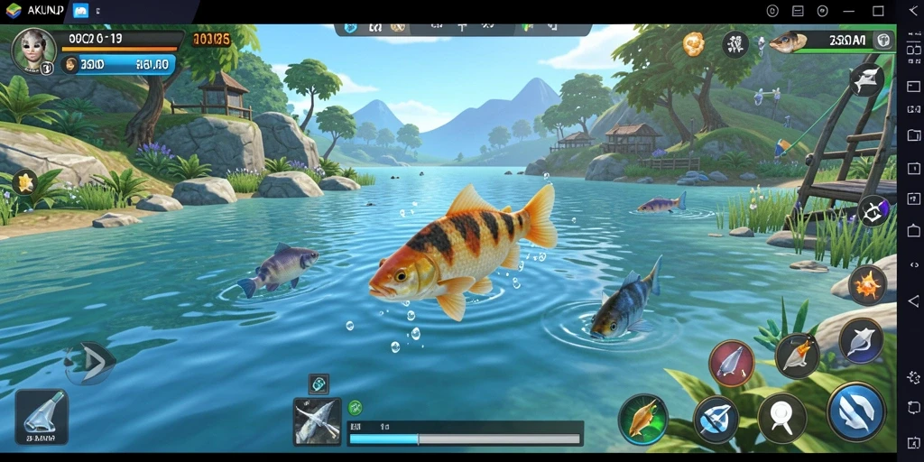 Tampilan gameplay seru AKUNJP saat menangkap ikan besar.
