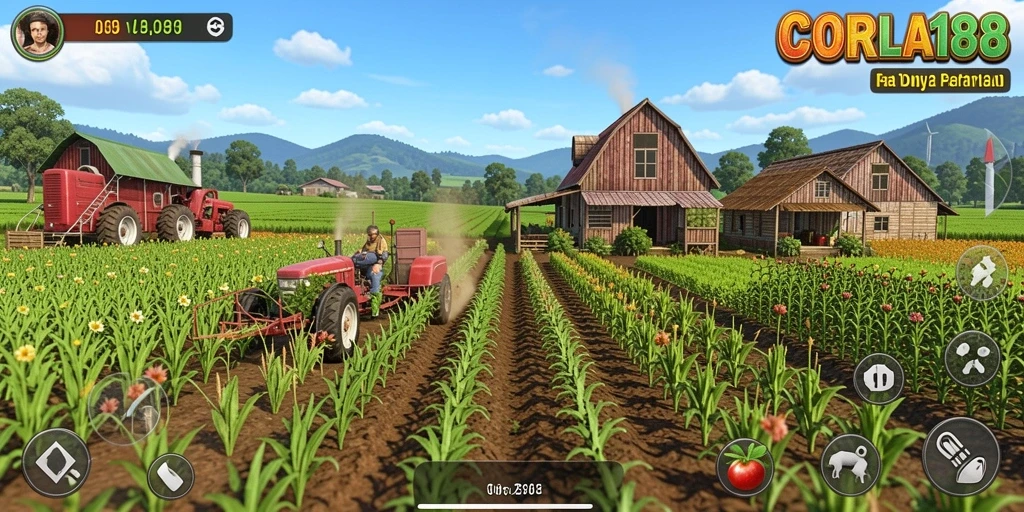 Tampilan menarik dari gameplay pertanian di CORLA188 yang penuh warna.