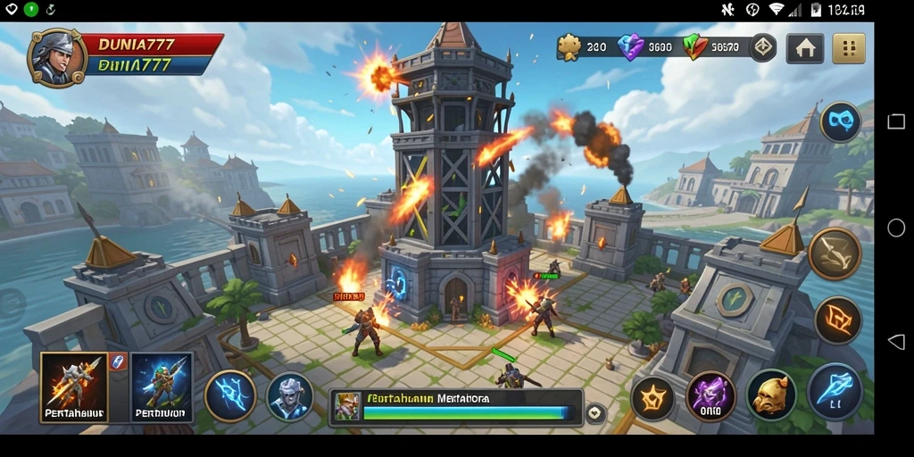 Screenshot utama DUNIA777 menampilkan aksi Tower Defense yang mendebarkan.
