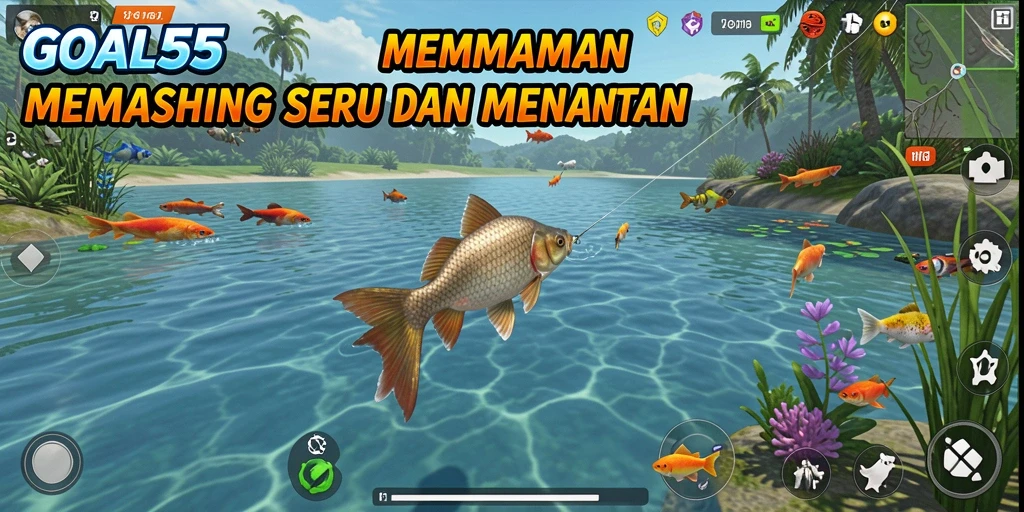 Tampilan menarik dari gameplay GOAL55 yang menampilkan aksi memancing.