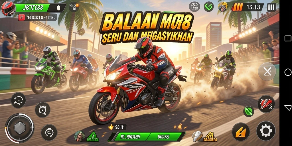 Tampilan gameplay seru dari JKT88 saat balapan motor.