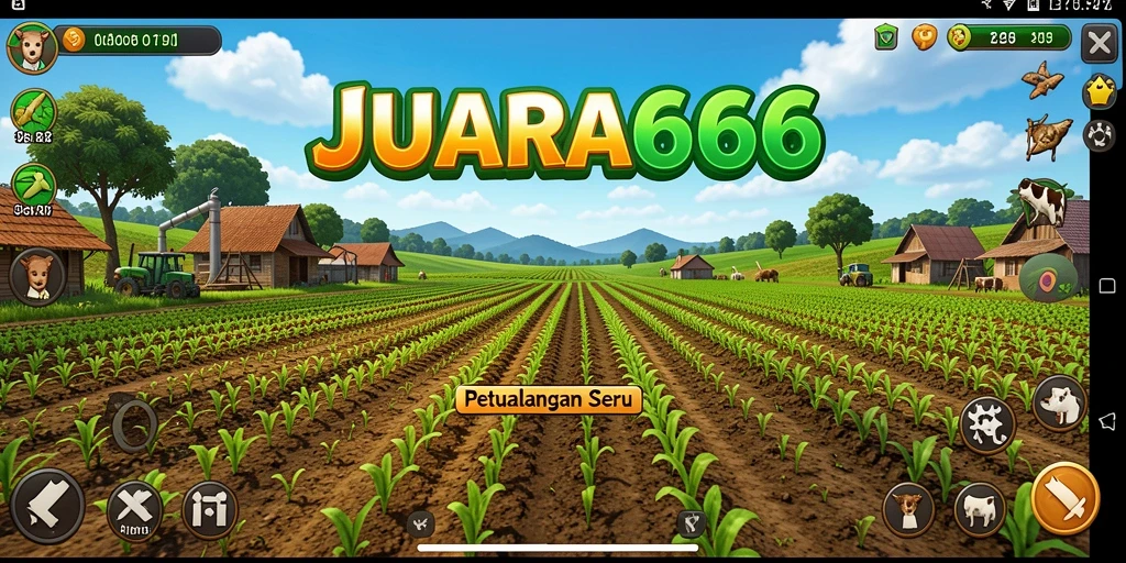 Screenshot JUARA666 menampilkan kebun indah dengan berbagai tanaman dan hewan.