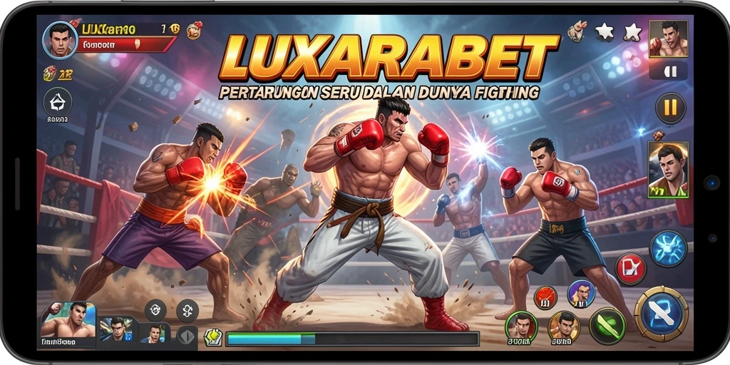Tampilan gameplay menampilkan karakter bertarung dengan dinamis di arena.