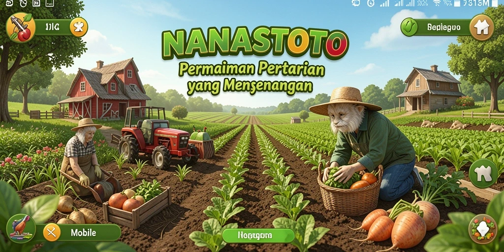 Tangkapan layar utama NANASTOTO menunjukkan aktivitas bertani yang seru.