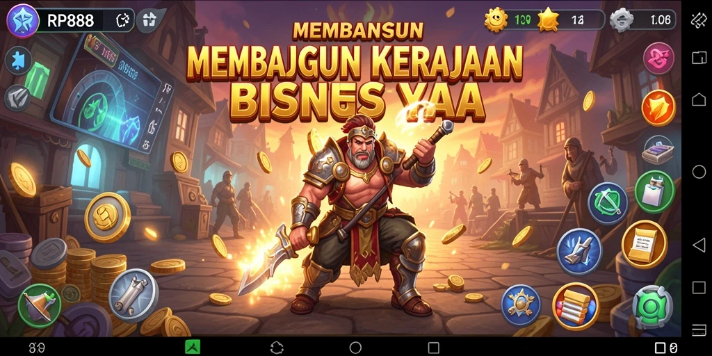 Tampilan gameplay RP888 menampilkan berbagai elemen manajemen bisnis.